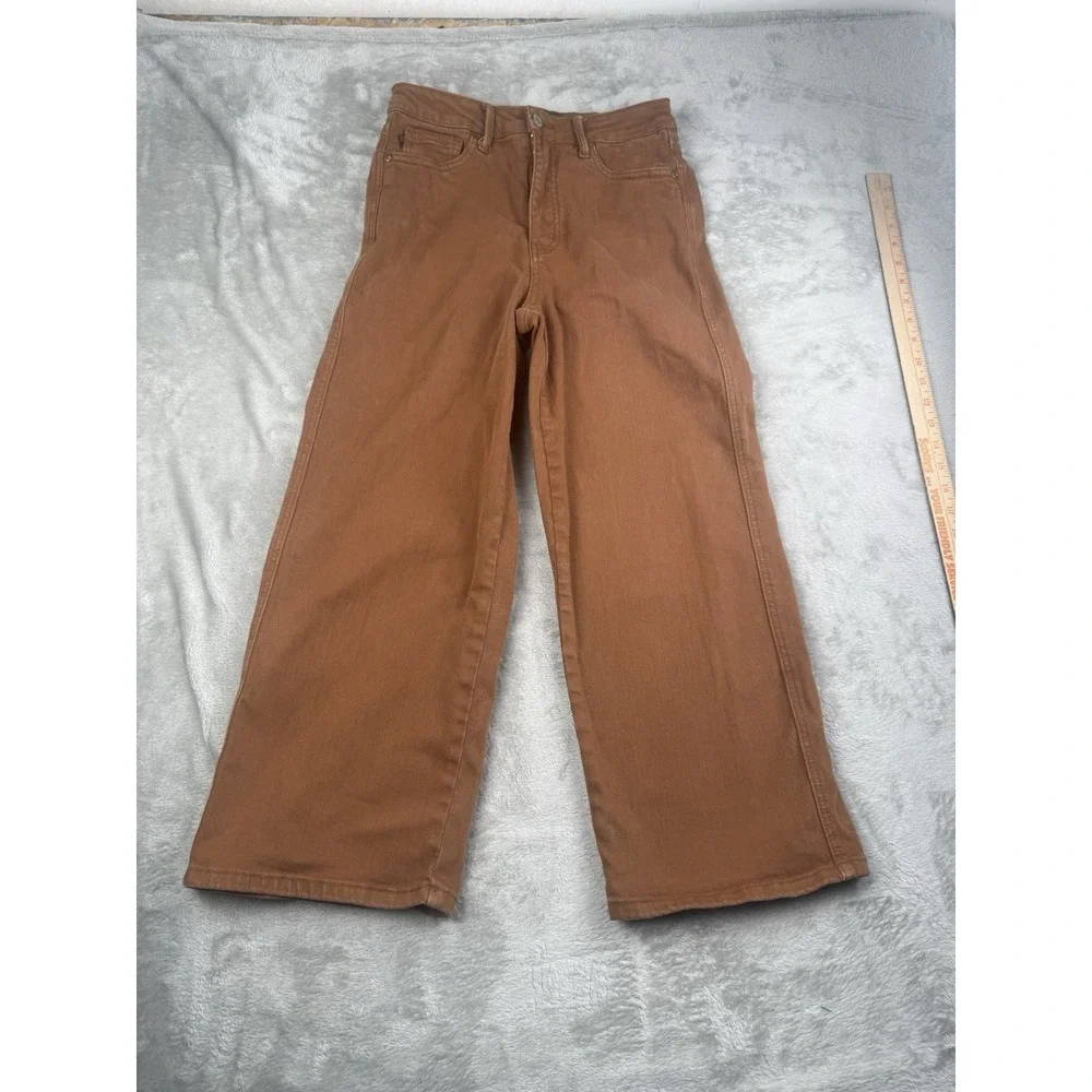 Judy Blue Womens 5/27 Cropped Wide Leg Jeans‎ Brown High Rise Stretch Raw Hem